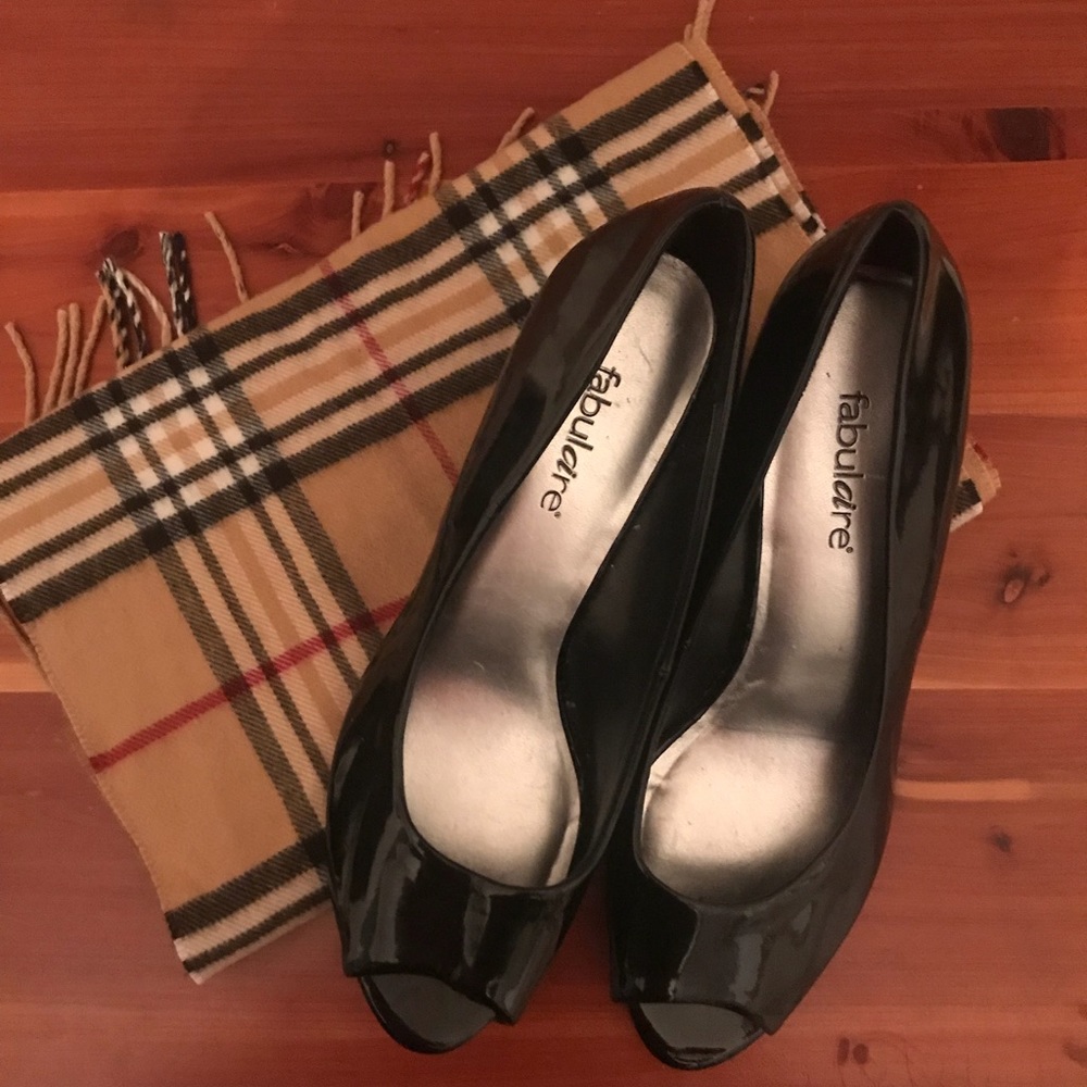 Fabulaire Black peep toe wedges.